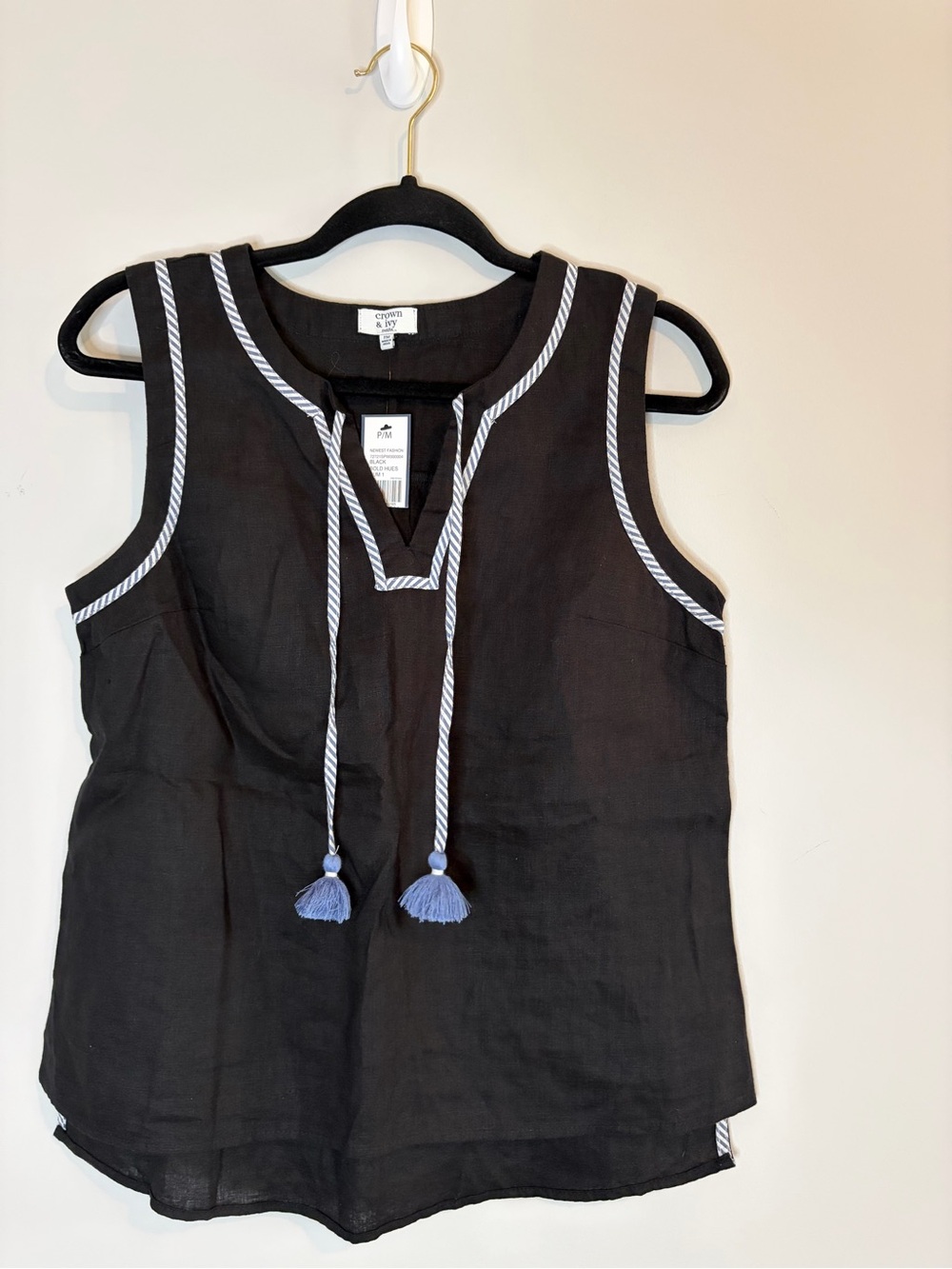 crown & ivy Black Sleeveless Tassel-Trim Linen Camisole NWT